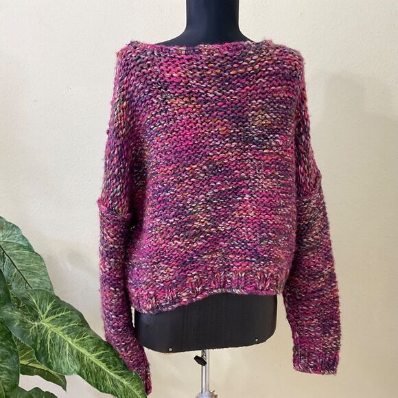 Free People sweater Women's Size S/P Purple Chunky Cable-Knit Wool Blend LS - Picture 3 of 11
